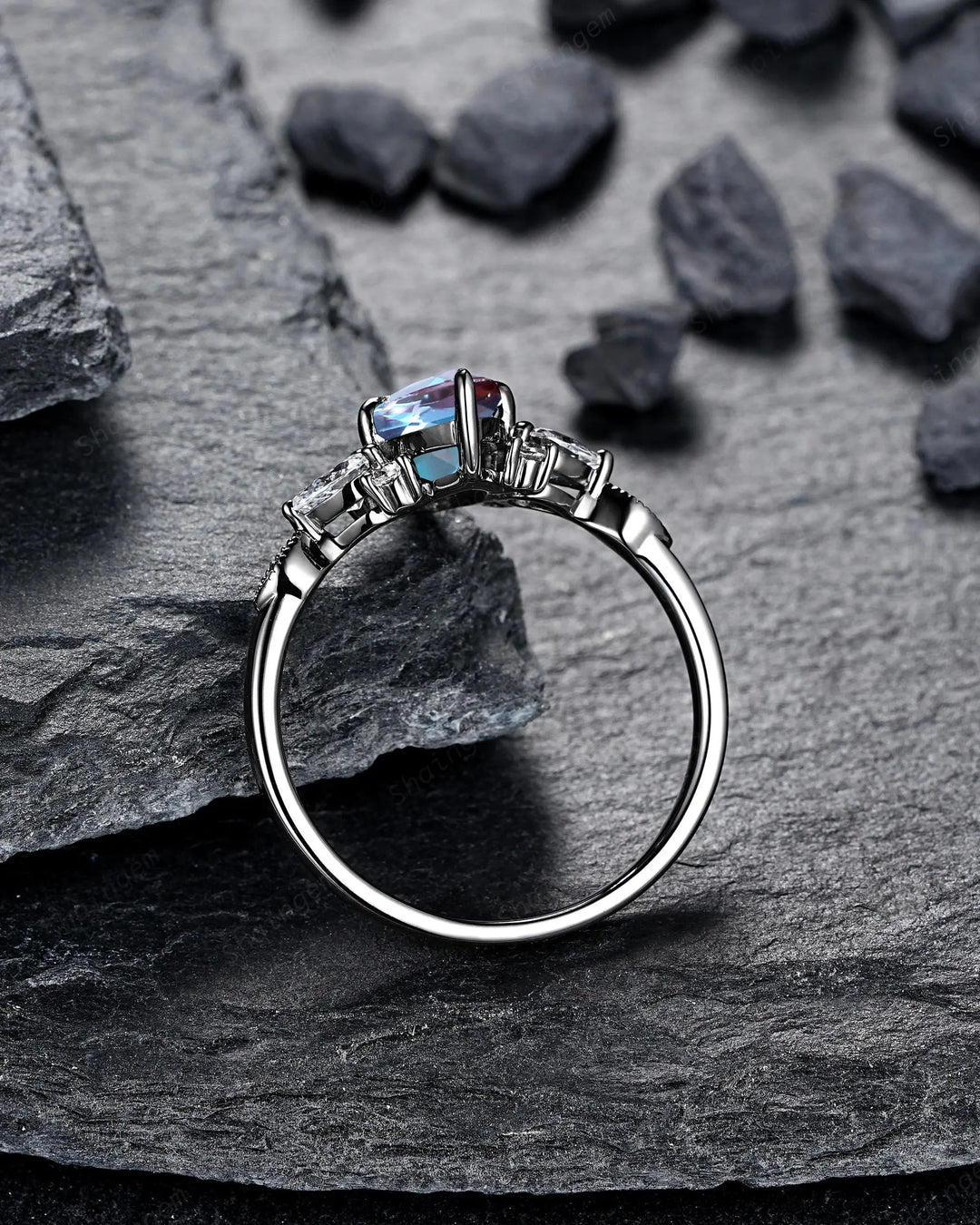 Gothic Marquise Cut Alexandrite Engagement Ring, Rhodium Black Cluster Promise Ring, Black Gold Promise Anniversary Gift, Dark Witchy Ring - ShainJewelry