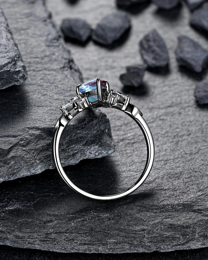 Gothic Marquise Cut Alexandrite Engagement Ring, Rhodium Black Cluster Promise Ring, Black Gold Promise Anniversary Gift, Dark Witchy Ring - ShainJewelry