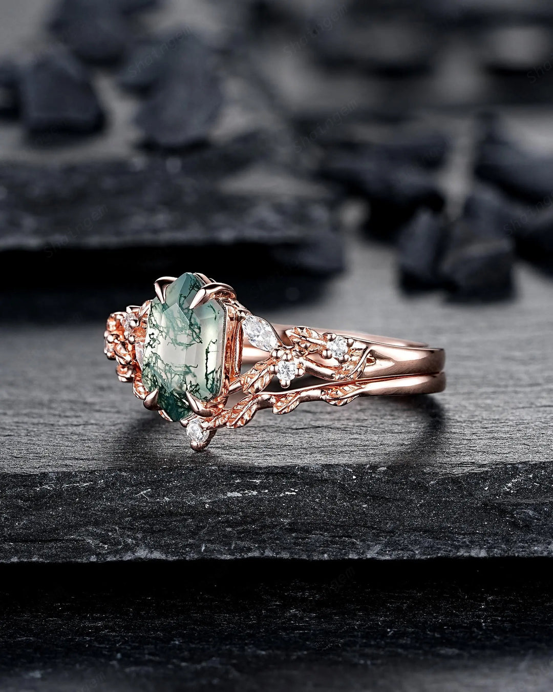Long Hexagon Moss Agate Engagement Ring Set: Platinum Mossy Agate and Diamond Ring, Rose Gold Leaf Wedding Set, Spilt Shank Promise Rings - ShainJewelry