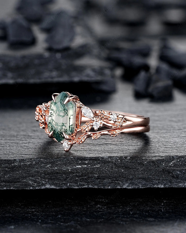Long Hexagon Moss Agate Engagement Ring Set: Platinum Mossy Agate and Diamond Ring, Rose Gold Leaf Wedding Set, Spilt Shank Promise Rings - ShainJewelry