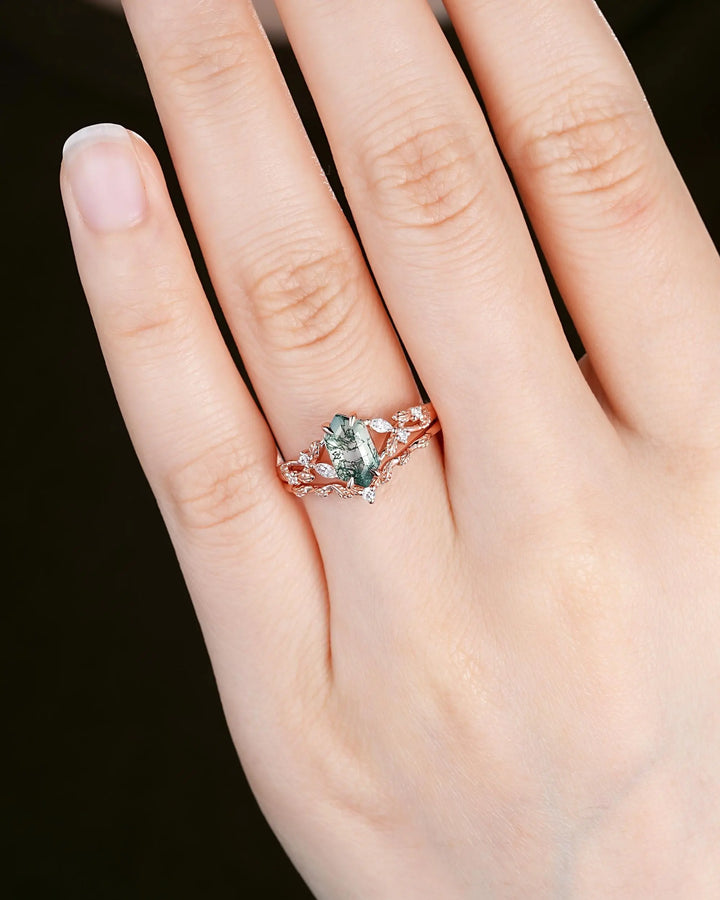 Long Hexagon Moss Agate Engagement Ring Set: Platinum Mossy Agate and Diamond Ring, Rose Gold Leaf Wedding Set, Spilt Shank Promise Rings - ShainJewelry