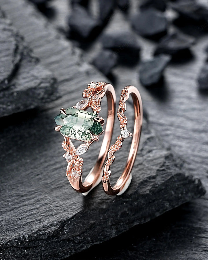 Long Hexagon Moss Agate Engagement Ring Set: Platinum Mossy Agate and Diamond Ring, Rose Gold Leaf Wedding Set, Spilt Shank Promise Rings - ShainJewelry