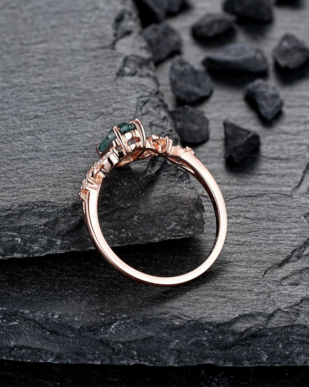 Long Hexagon Moss Agate Engagement Ring Set: Platinum Mossy Agate and Diamond Ring, Rose Gold Leaf Wedding Set, Spilt Shank Promise Rings - ShainJewelry