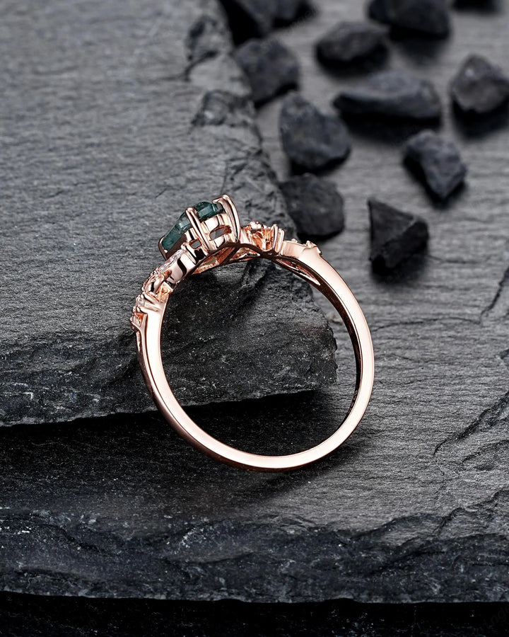 Long Hexagon Moss Agate Engagement Ring Set: Platinum Mossy Agate and Diamond Ring, Rose Gold Leaf Wedding Set, Spilt Shank Promise Rings - ShainJewelry