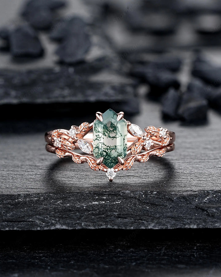 Long Hexagon Moss Agate Engagement Ring Set: Platinum Mossy Agate and Diamond Ring, Rose Gold Leaf Wedding Set, Spilt Shank Promise Rings - ShainJewelry