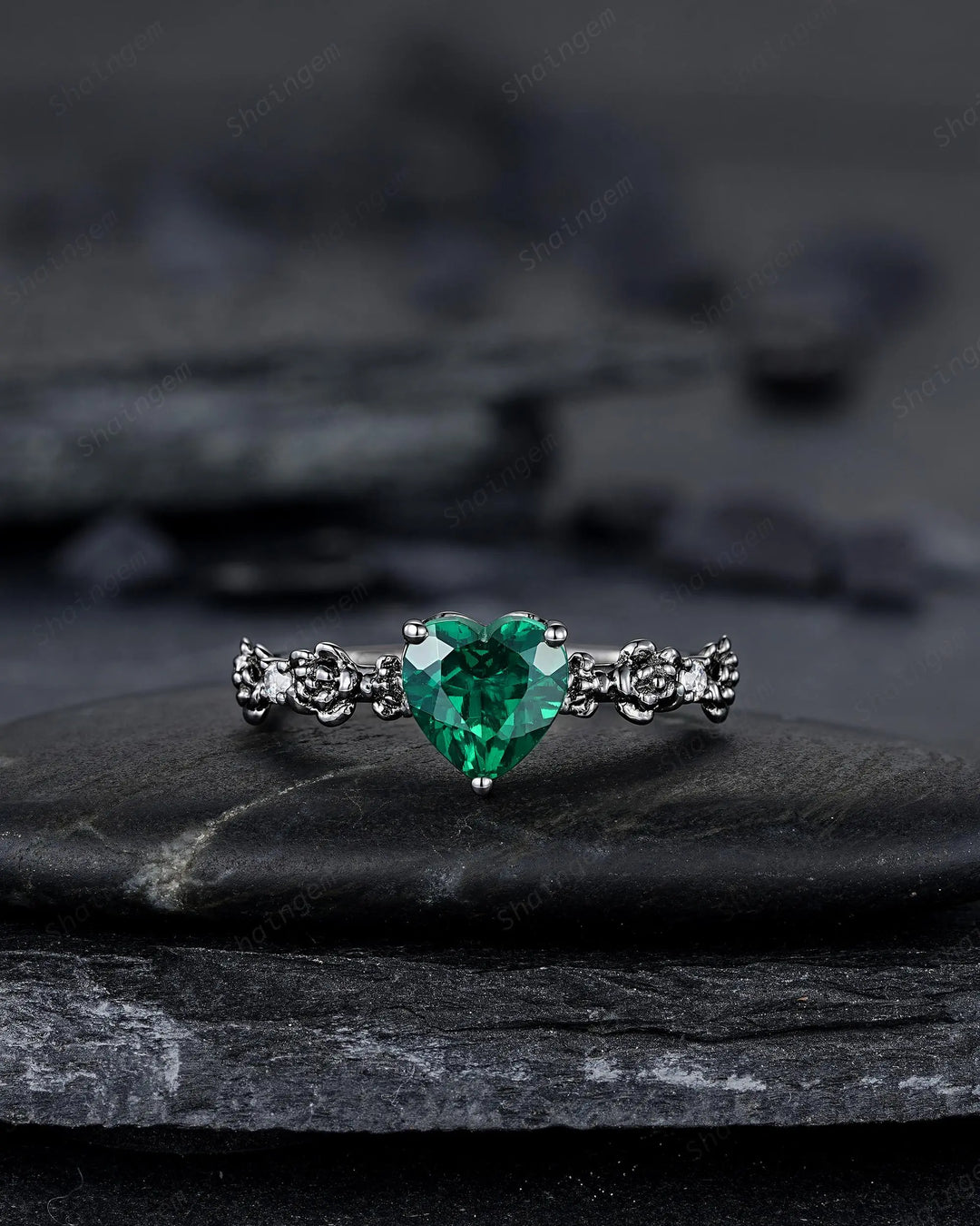 Gothic Black Gold Heart Shape Emerald Engagement Ring, Rhodium Black Love Promise Ring, Witchy Rose Flower Promise Anniversary Ring Gift - ShainJewelry