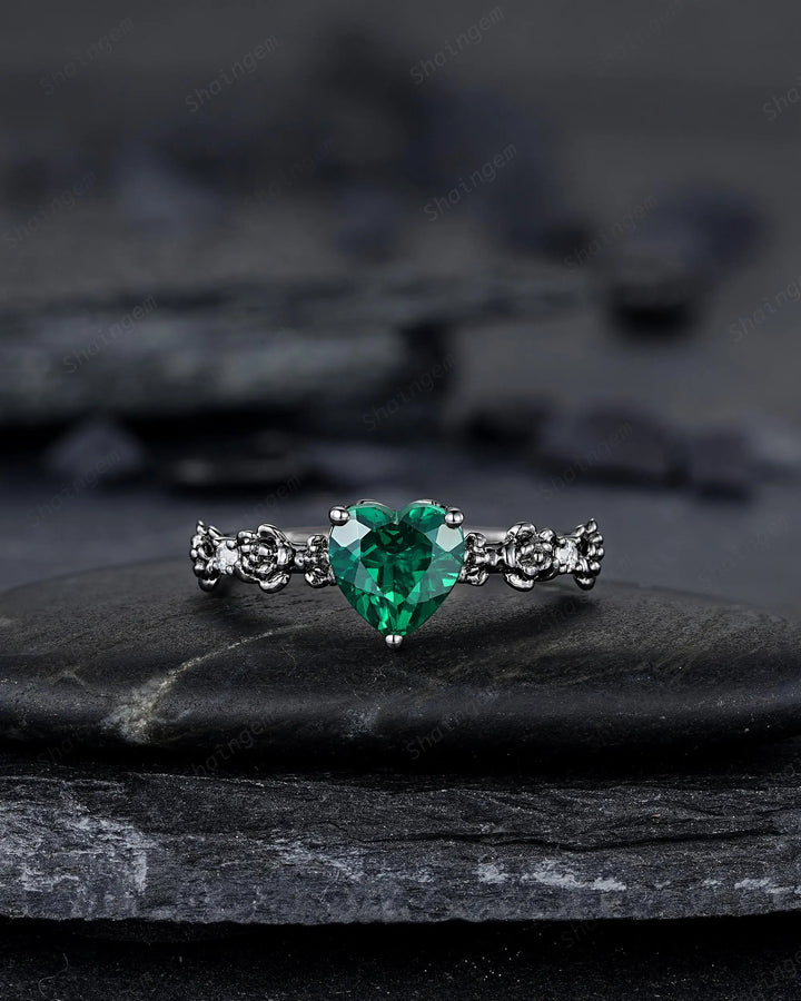 Gothic Black Gold Heart Shape Emerald Engagement Ring, Rhodium Black Love Promise Ring, Witchy Rose Flower Promise Anniversary Ring Gift - ShainJewelry