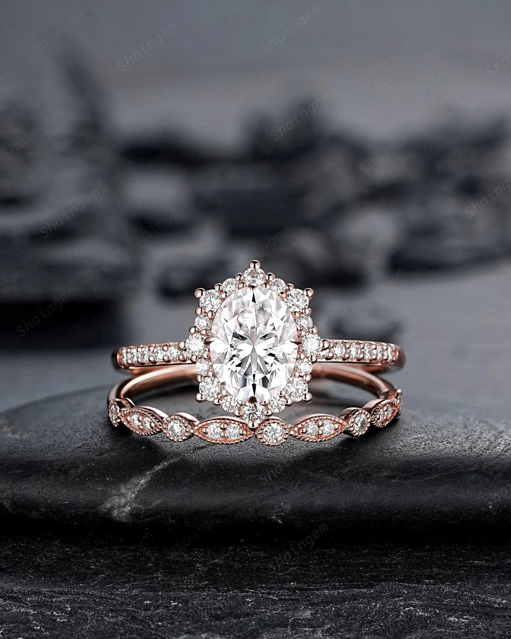 Vintage Oval Shape Moissanite Halo Engagement Ring : Unique Solid Rose Gold Wedding Set, 24K Gold Plated Silver Promise Ring, Platinum Ring - ShainJewelry