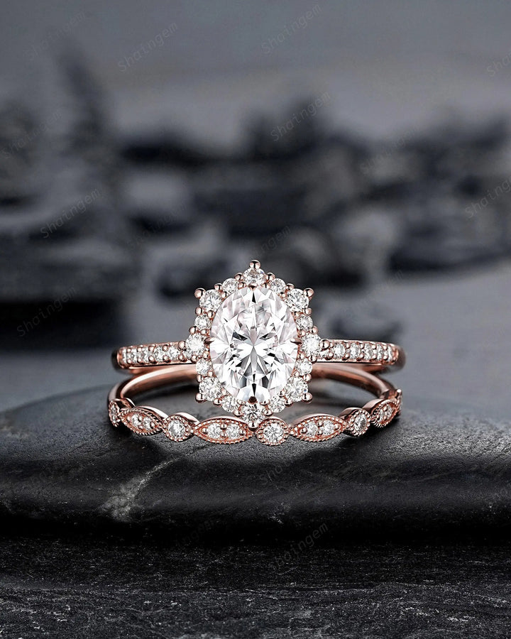 Vintage Oval Shape Moissanite Halo Engagement Ring : Unique Solid Rose Gold Wedding Set, 24K Gold Plated Silver Promise Ring, Platinum Ring - ShainJewelry