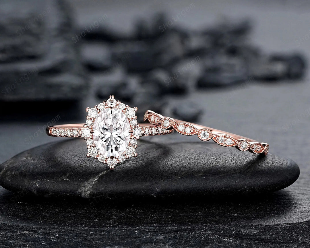 Vintage Oval Shape Moissanite Halo Engagement Ring : Unique Solid Rose Gold Wedding Set, 24K Gold Plated Silver Promise Ring, Platinum Ring - ShainJewelry