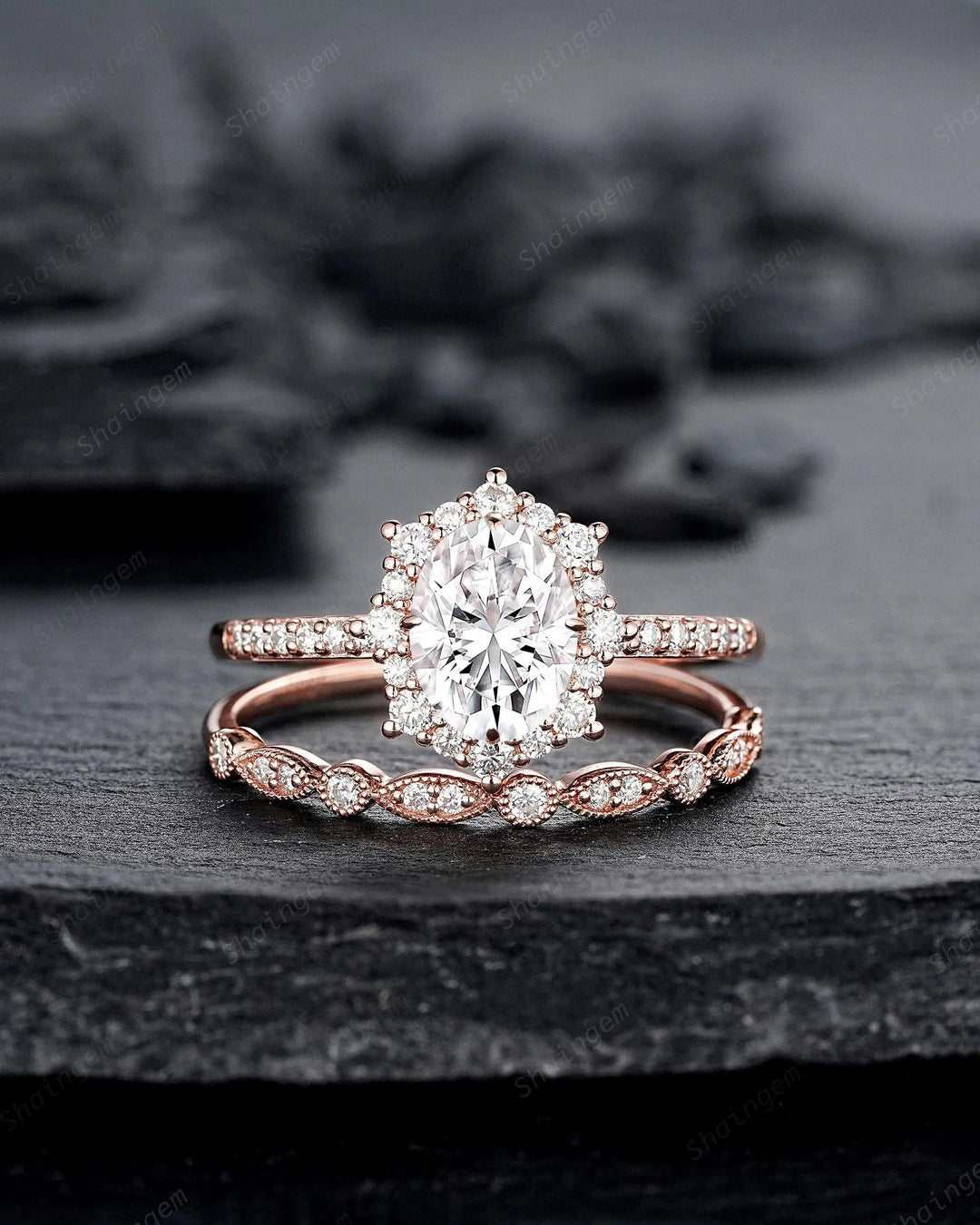 Vintage Oval Shape Moissanite Halo Engagement Ring : Unique Solid Rose Gold Wedding Set, 24K Gold Plated Silver Promise Ring, Platinum Ring - ShainJewelry
