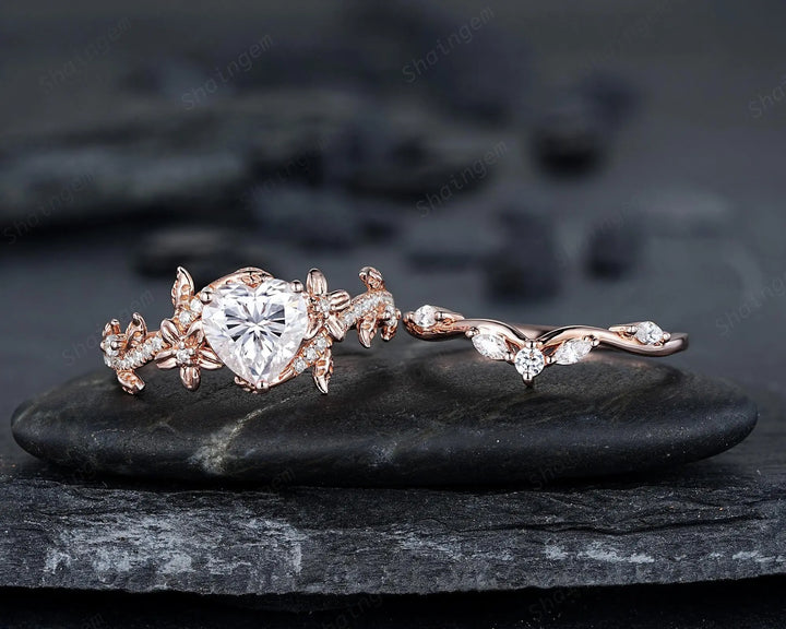 Vintage Heart Shape Moissanite Engagement Ring, Rose Gold Leaf Wedding Set, Nature Inspired Promise Ring, Twig Branch Rings for Women - ShainJewelry