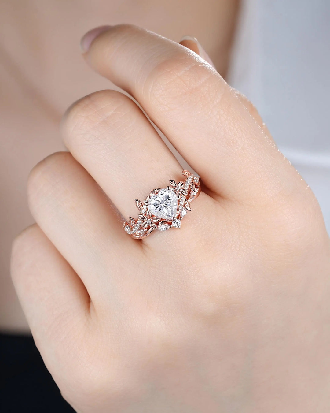 Vintage Heart Shape Moissanite Engagement Ring, Rose Gold Leaf Wedding Set, Nature Inspired Promise Ring, Twig Branch Rings for Women - ShainJewelry