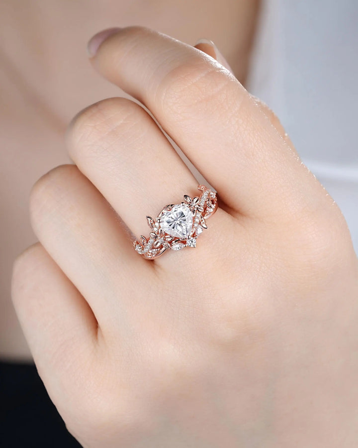 Vintage Heart Shape Moissanite Engagement Ring, Rose Gold Leaf Wedding Set, Nature Inspired Promise Ring, Twig Branch Rings for Women - ShainJewelry