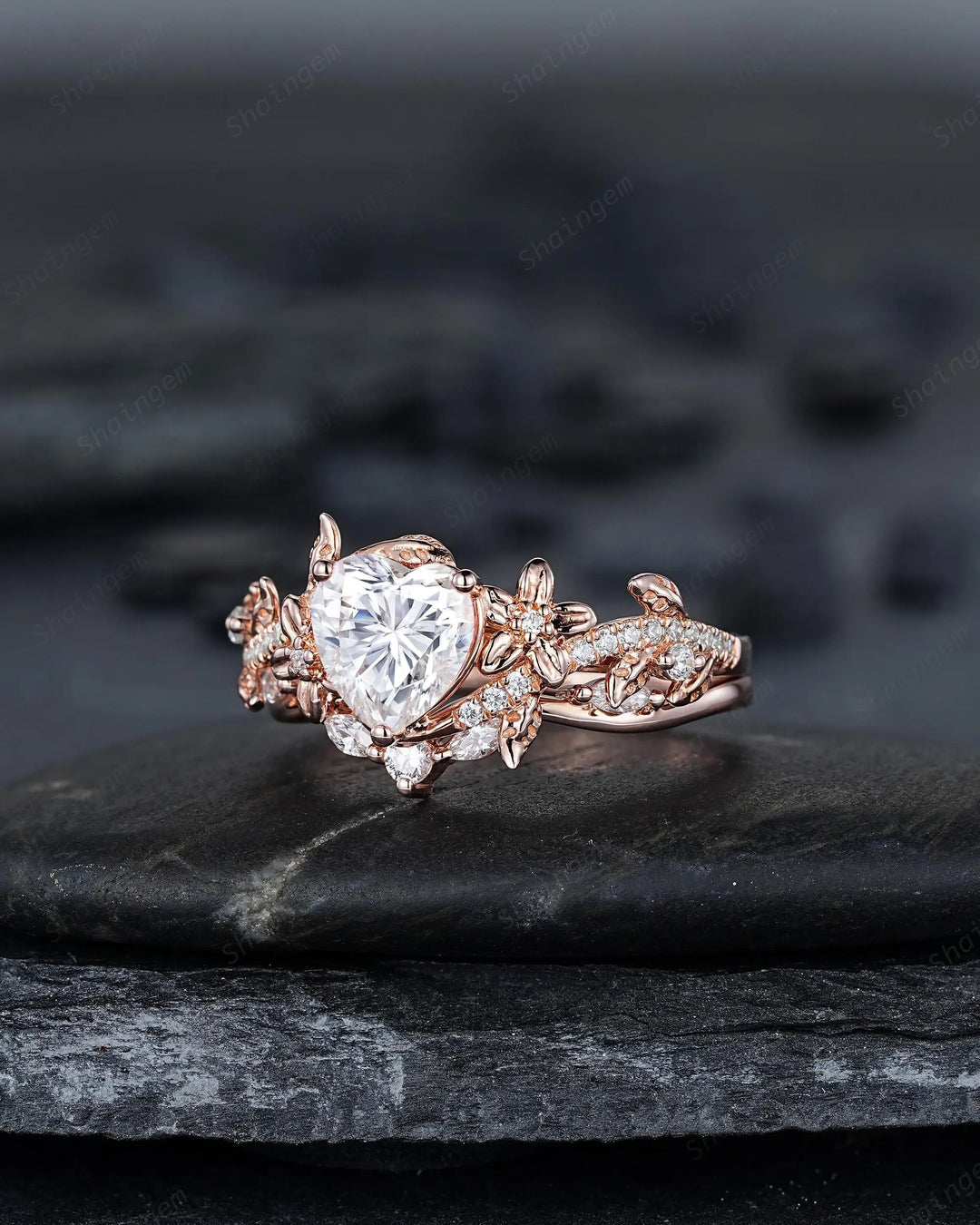 Vintage Heart Shape Moissanite Engagement Ring, Rose Gold Leaf Wedding Set, Nature Inspired Promise Ring, Twig Branch Rings for Women - ShainJewelry