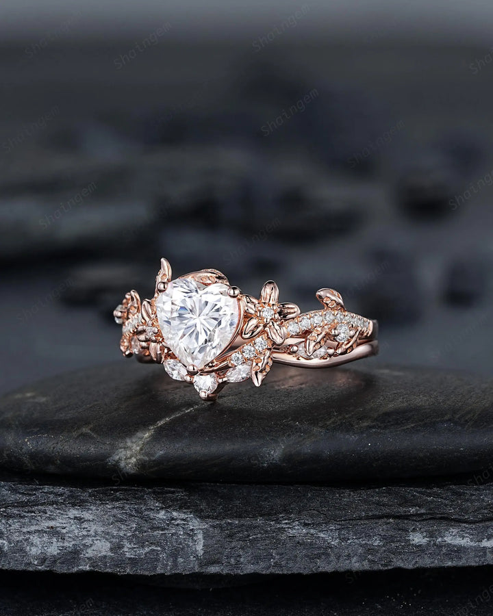 Vintage Heart Shape Moissanite Engagement Ring, Rose Gold Leaf Wedding Set, Nature Inspired Promise Ring, Twig Branch Rings for Women - ShainJewelry