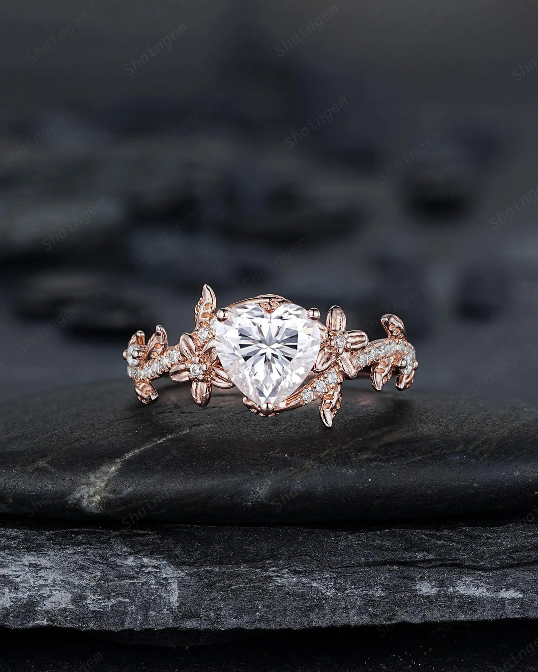 Vintage Heart Shape Moissanite Engagement Ring, Rose Gold Leaf Wedding Set, Nature Inspired Promise Ring, Twig Branch Rings for Women - ShainJewelry