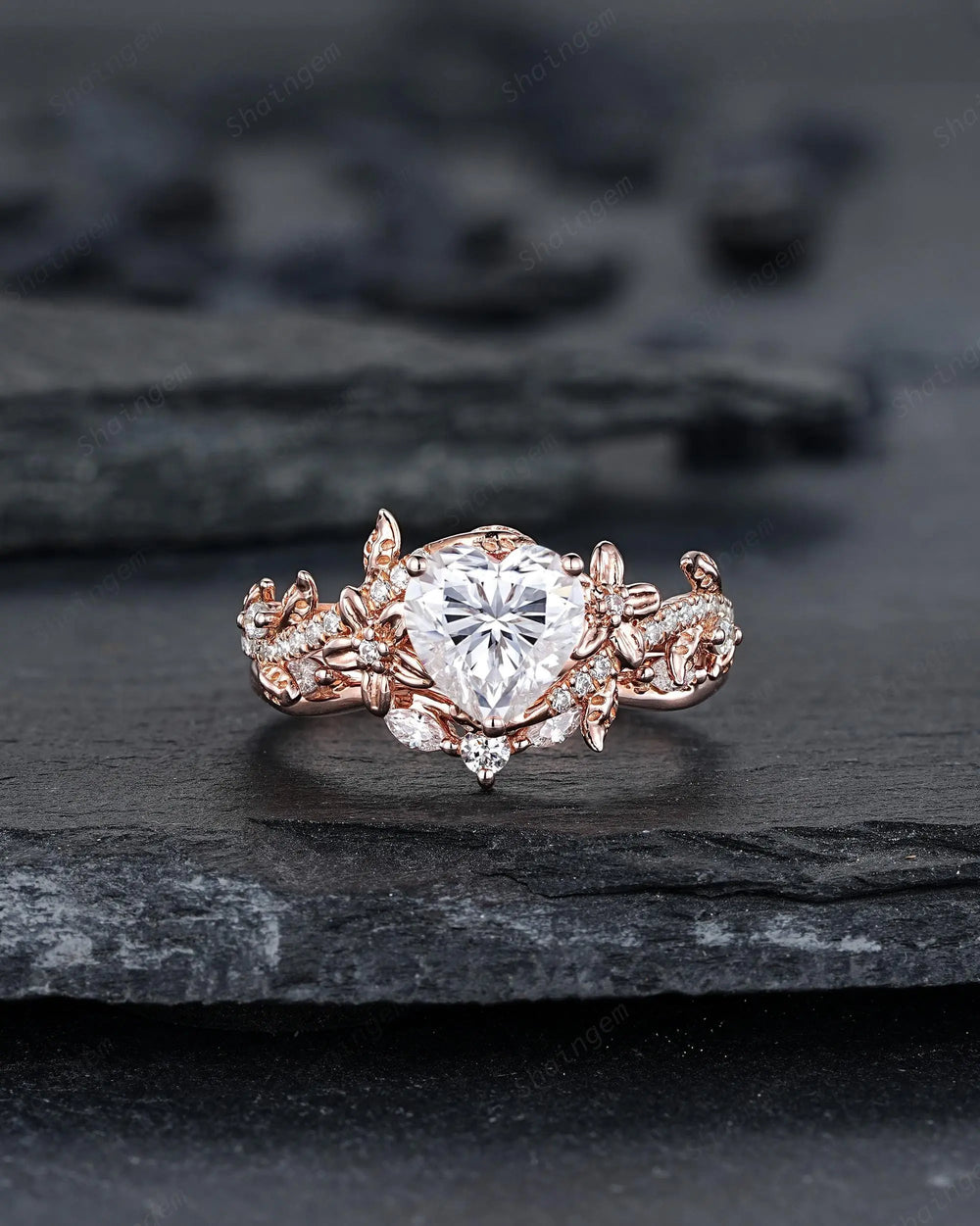 Vintage Heart Shape Moissanite Engagement Ring, Rose Gold Leaf Wedding Set, Nature Inspired Promise Ring, Twig Branch Rings for Women - ShainJewelry