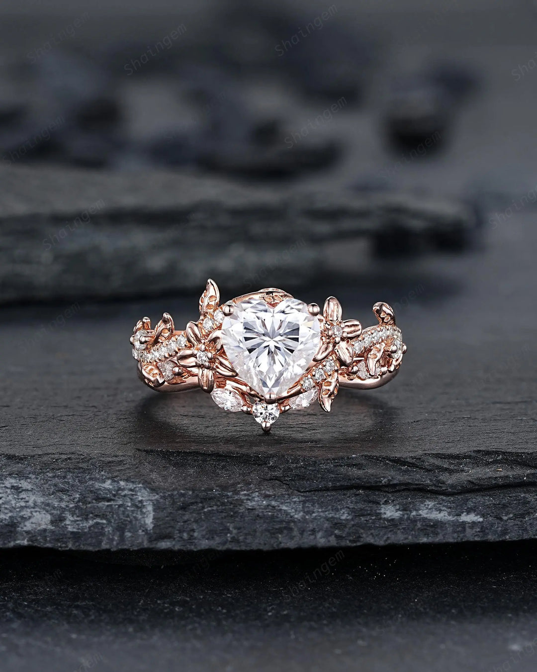 Vintage Heart Shape Moissanite Engagement Ring, Rose Gold Leaf Wedding Set, Nature Inspired Promise Ring, Twig Branch Rings for Women - ShainJewelry