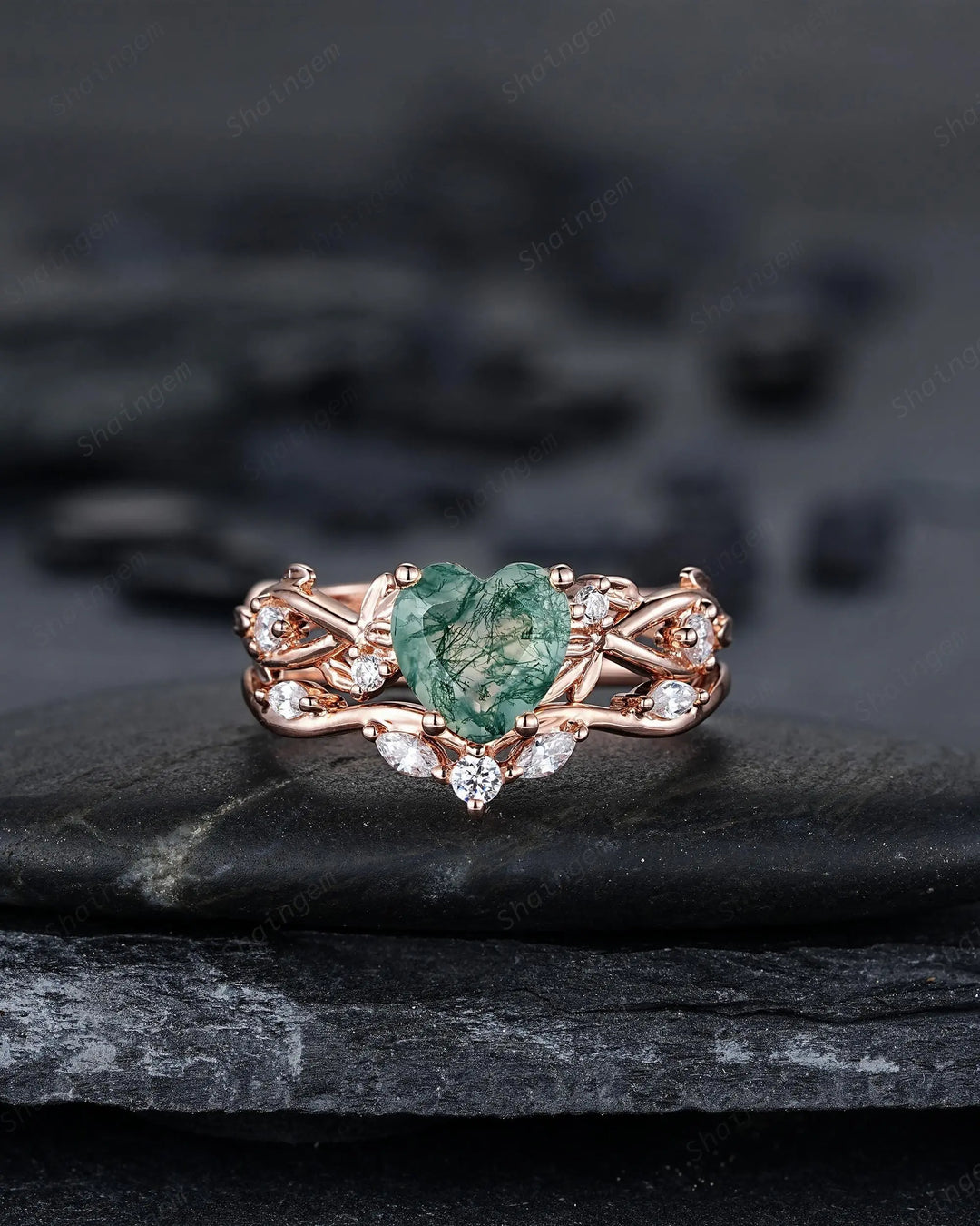 Heart Shape Moss Agate Engagement Ring: Rose Gold Vine Leaf Wedding Set, Nature Inspired Promise Ring, 24K Gold Plated Silver 925 Ring - ShainJewelry