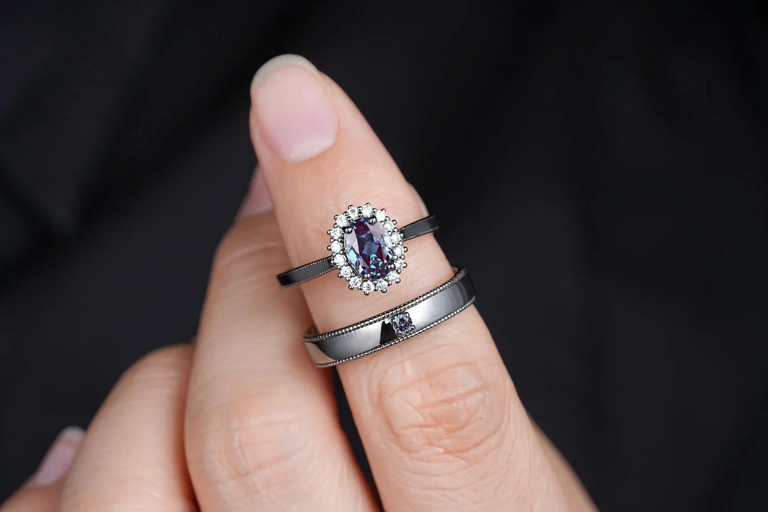 Gothic His and Hers Alexandrite Couple Ring Set, Black Gold Matching Band, Black Rhodium Halo Engagement Wedding Ring Milgrain Men's Band - ShainJewelry