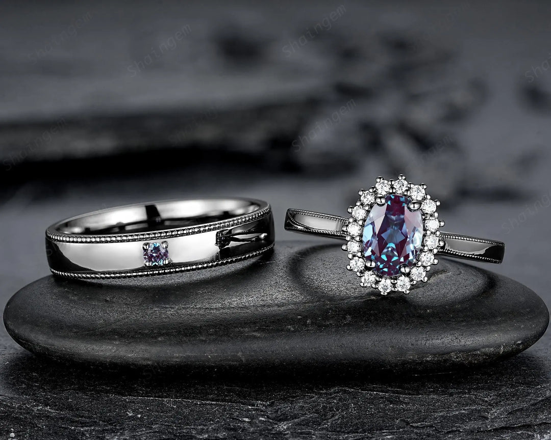 Gothic His and Hers Alexandrite Couple Ring Set, Black Gold Matching Band, Black Rhodium Halo Engagement Wedding Ring Milgrain Men's Band - ShainJewelry