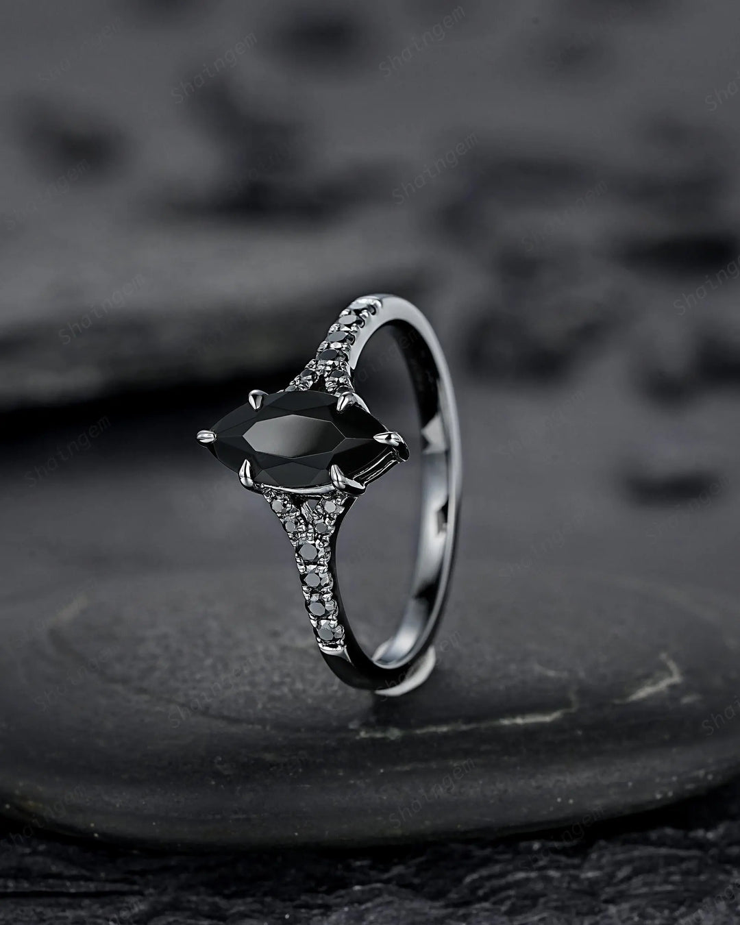 Gothic Marquise Cut Natural Black Onyx Engagement Ring, Black Rhodium Promise Ring, Dark Wedding Ring, Half Eternity Split Shank Bridal Ring - ShainJewelry