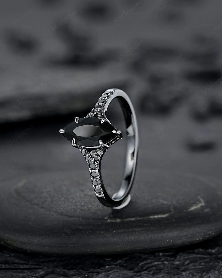 Gothic Marquise Cut Natural Black Onyx Engagement Ring, Black Rhodium Promise Ring, Dark Wedding Ring, Half Eternity Split Shank Bridal Ring - ShainJewelry