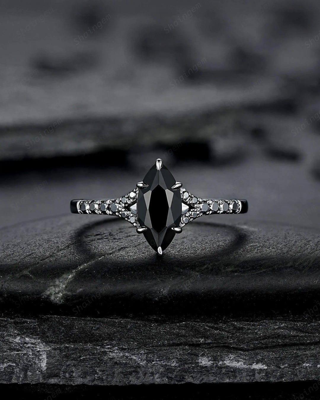 Gothic Marquise Cut Natural Black Onyx Engagement Ring, Black Rhodium Promise Ring, Dark Wedding Ring, Half Eternity Split Shank Bridal Ring - ShainJewelry