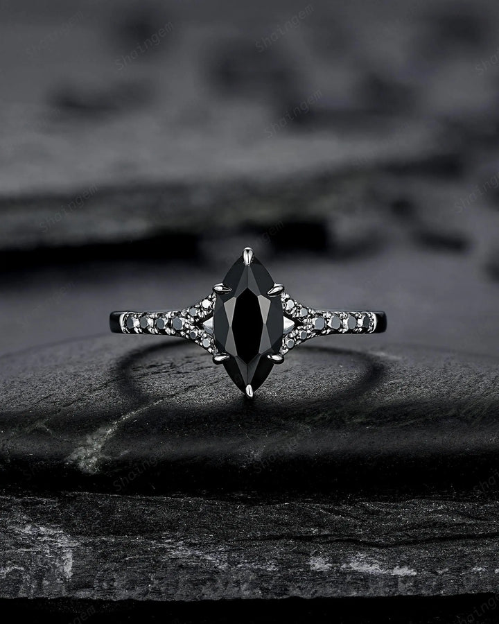 Gothic Marquise Cut Natural Black Onyx Engagement Ring, Black Rhodium Promise Ring, Dark Wedding Ring, Half Eternity Split Shank Bridal Ring - ShainJewelry