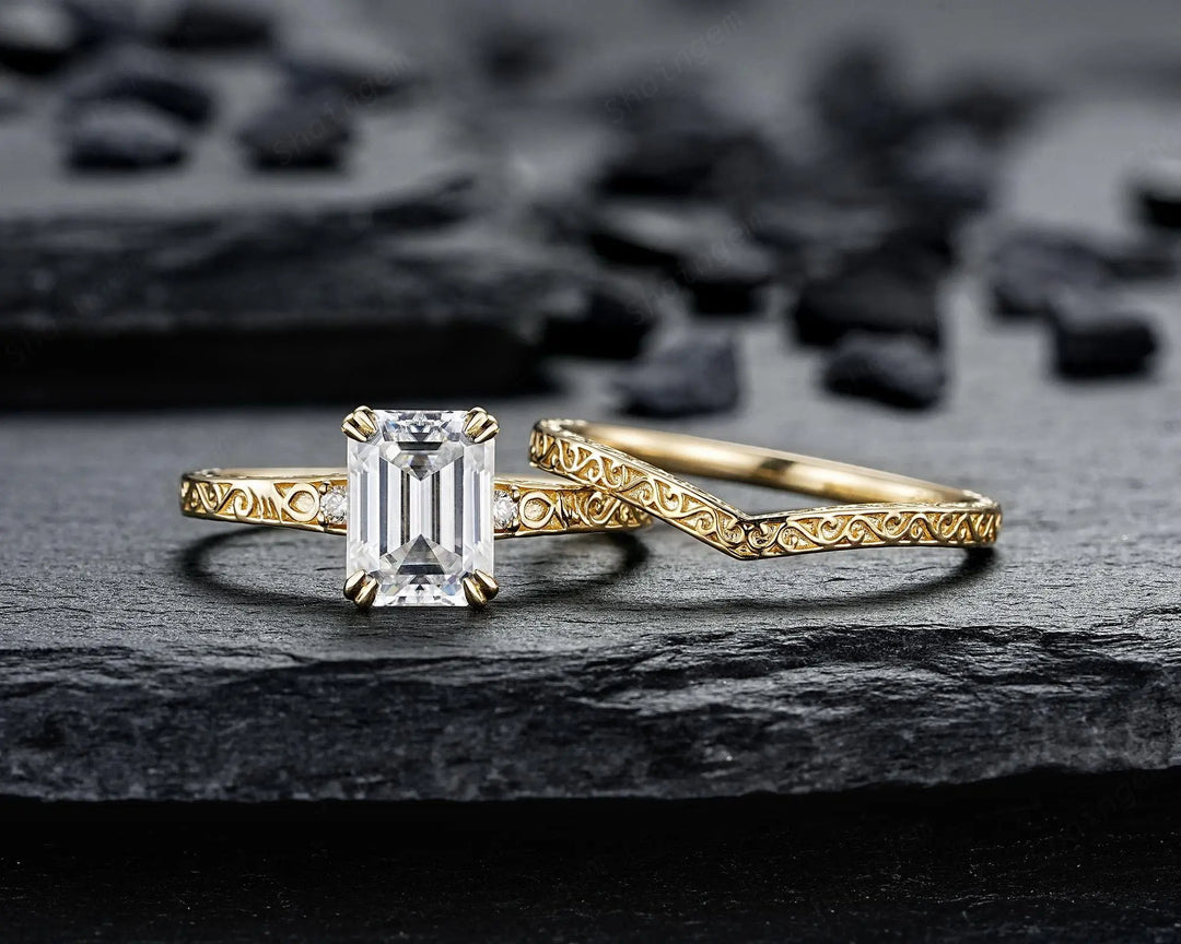 Vintage 2 Carat Emerald Cut Moissanite Engagement Ring Set, Yellow Gold Half Eternity Filigree Engraved High profile Promise Ring, Platinum - ShainJewelry