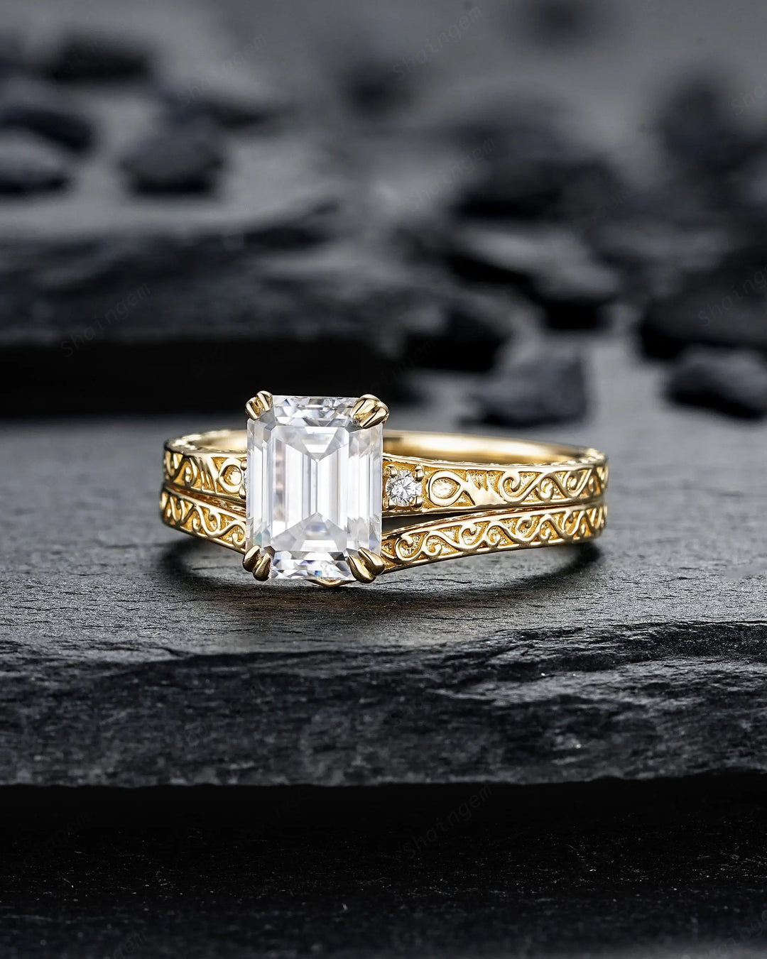 Vintage 2 Carat Emerald Cut Moissanite Engagement Ring Set, Yellow Gold Half Eternity Filigree Engraved High profile Promise Ring, Platinum - ShainJewelry