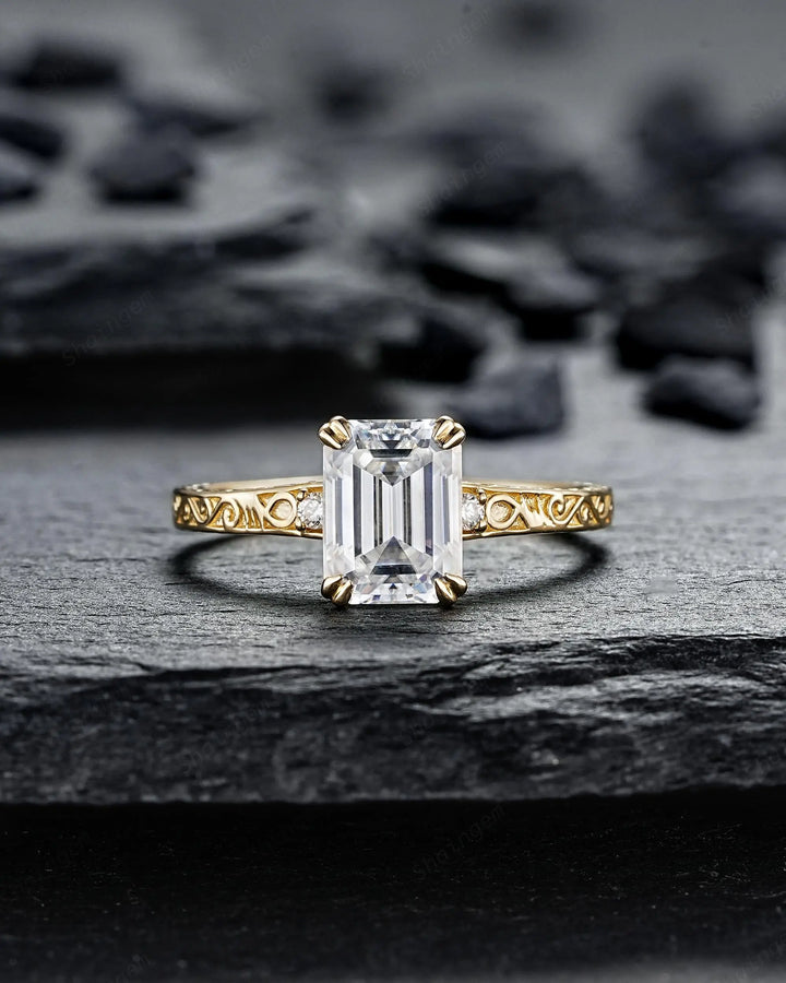Vintage 2 Carat Emerald Cut Moissanite Engagement Ring Set, Yellow Gold Half Eternity Filigree Engraved High profile Promise Ring, Platinum - ShainJewelry