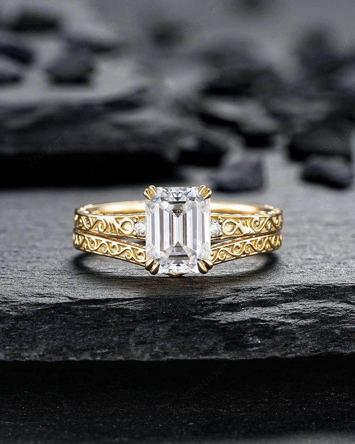 Vintage 2 Carat Emerald Cut Moissanite Engagement Ring Set, Yellow Gold Half Eternity Filigree Engraved High profile Promise Ring, Platinum - ShainJewelry