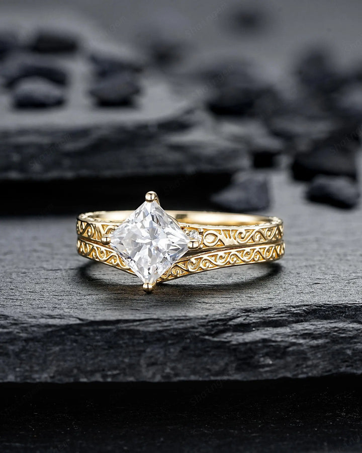 Vintage Princess Cut Moissanite Engagement Ring Set, Yellow Gold Half Eternity Filigree Engraved High profile Promise Ring, Platinum Rings - ShainJewelry