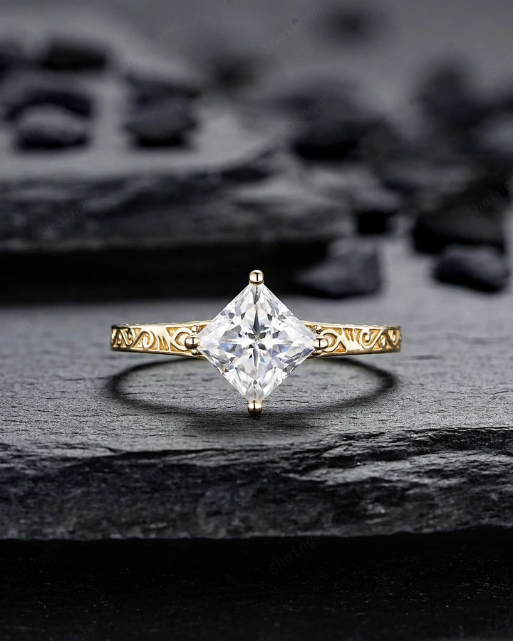 Vintage Princess Cut Moissanite Engagement Ring Set, Yellow Gold Half Eternity Filigree Engraved High profile Promise Ring, Platinum Rings - ShainJewelry