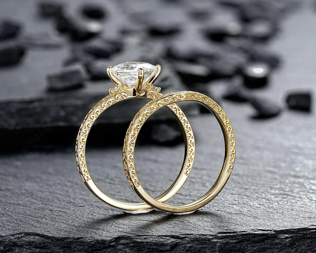 Vintage Princess Cut Moissanite Engagement Ring Set, Yellow Gold Half Eternity Filigree Engraved High profile Promise Ring, Platinum Rings - ShainJewelry