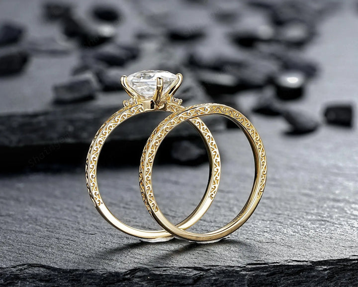 Vintage Princess Cut Moissanite Engagement Ring Set, Yellow Gold Half Eternity Filigree Engraved High profile Promise Ring, Platinum Rings - ShainJewelry
