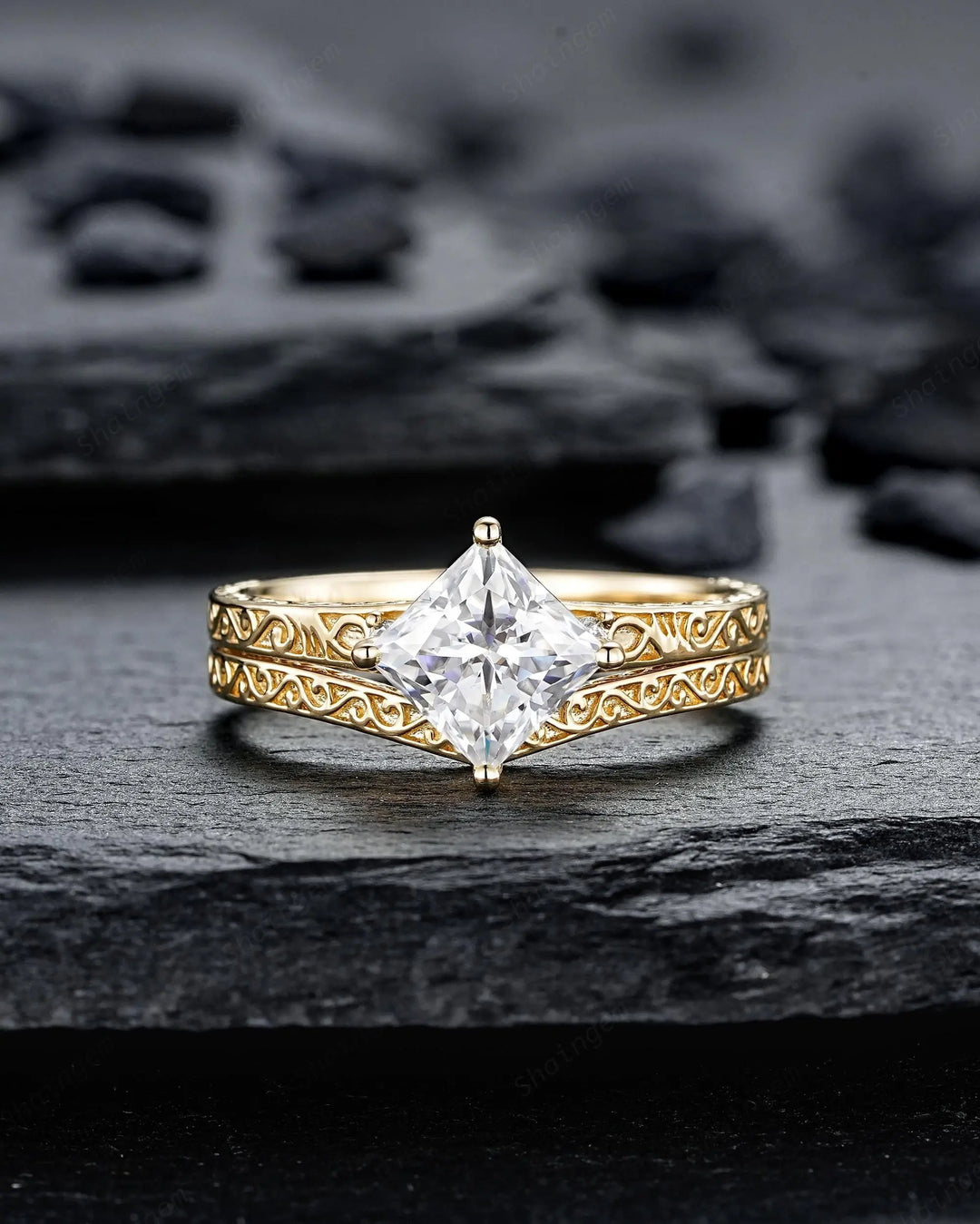 Vintage Princess Cut Moissanite Engagement Ring Set, Yellow Gold Half Eternity Filigree Engraved High profile Promise Ring, Platinum Rings - ShainJewelry