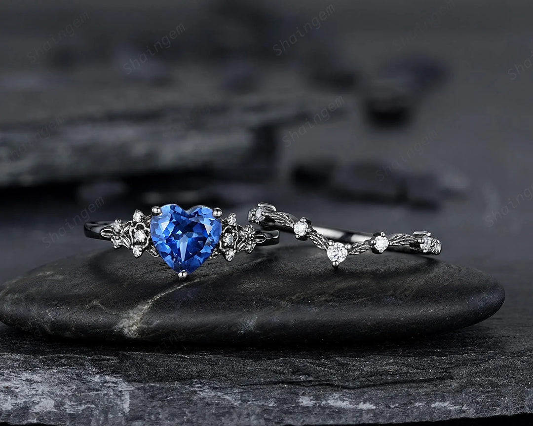 Gothic Heart Shape Blue Sapphire Engagement Ring Set: Dark Black Rhodium Promise Ring, Twig Leaf Wedding Ring, Black Gold Floral Rings - ShainJewelry