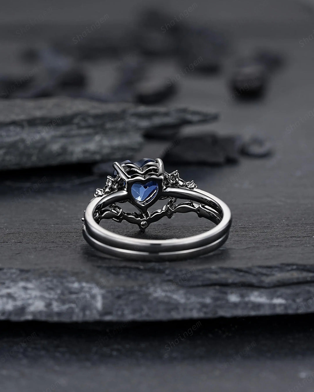 Gothic Heart Shape Blue Sapphire Engagement Ring Set: Dark Black Rhodium Promise Ring, Twig Leaf Wedding Ring, Black Gold Floral Rings - ShainJewelry