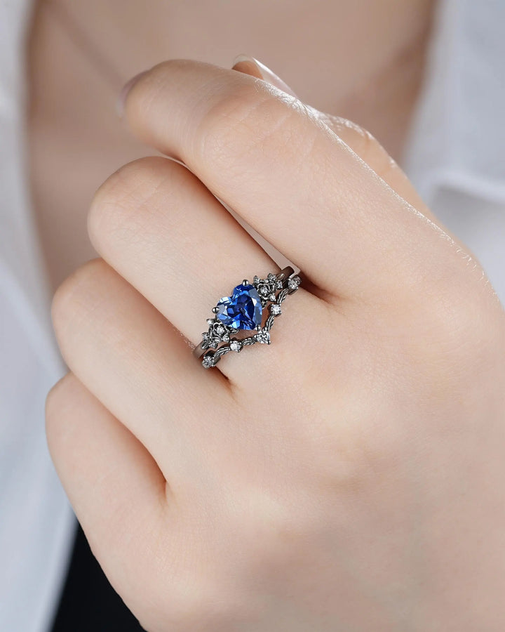 Gothic Heart Shape Blue Sapphire Engagement Ring Set: Dark Black Rhodium Promise Ring, Twig Leaf Wedding Ring, Black Gold Floral Rings - ShainJewelry