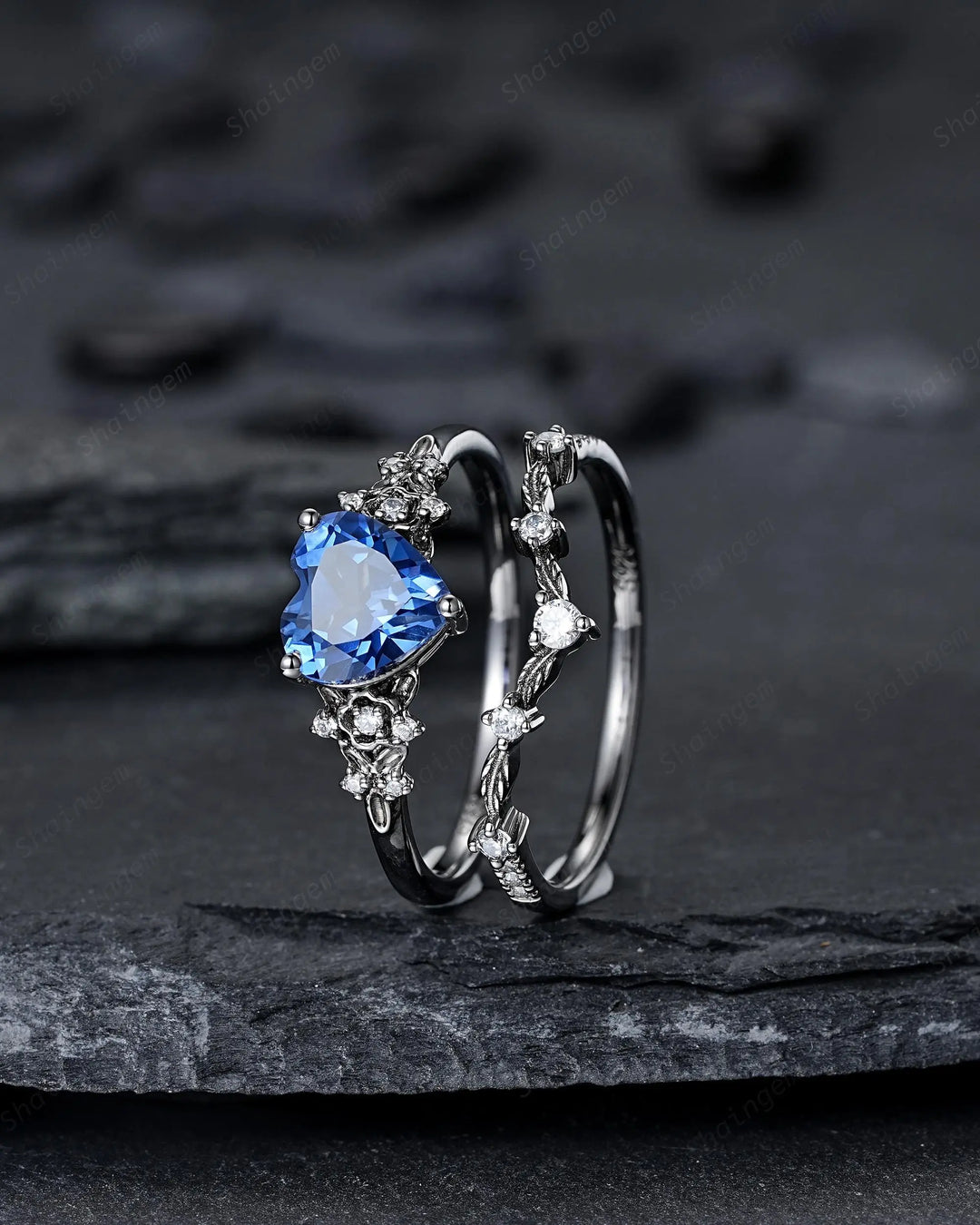 Gothic Heart Shape Blue Sapphire Engagement Ring Set: Dark Black Rhodium Promise Ring, Twig Leaf Wedding Ring, Black Gold Floral Rings - ShainJewelry