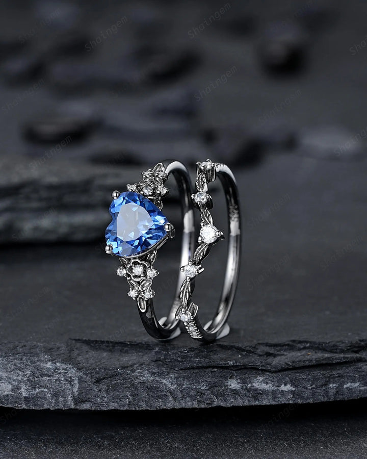 Gothic Heart Shape Blue Sapphire Engagement Ring Set: Dark Black Rhodium Promise Ring, Twig Leaf Wedding Ring, Black Gold Floral Rings - ShainJewelry