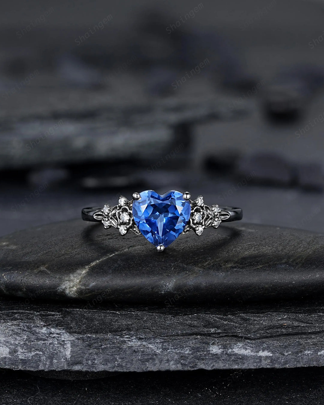 Gothic Heart Shape Blue Sapphire Engagement Ring Set: Dark Black Rhodium Promise Ring, Twig Leaf Wedding Ring, Black Gold Floral Rings - ShainJewelry
