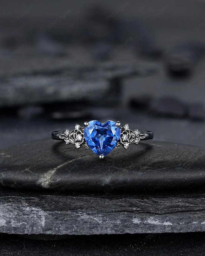 Gothic Heart Shape Blue Sapphire Engagement Ring Set: Dark Black Rhodium Promise Ring, Twig Leaf Wedding Ring, Black Gold Floral Rings - ShainJewelry