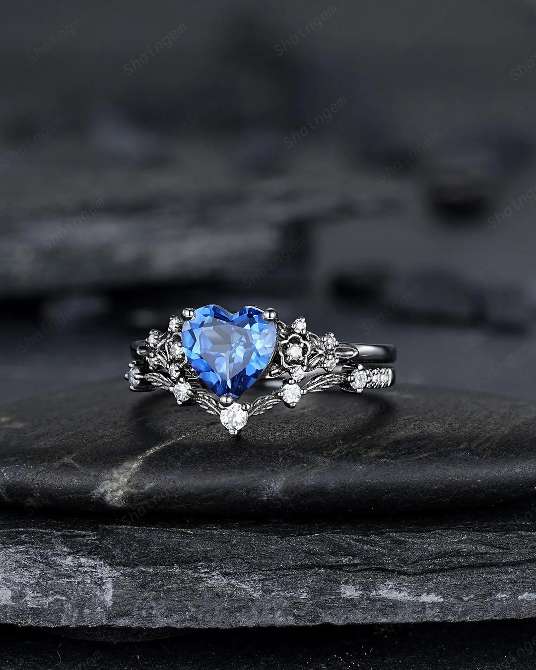 Gothic Heart Shape Blue Sapphire Engagement Ring Set: Dark Black Rhodium Promise Ring, Twig Leaf Wedding Ring, Black Gold Floral Rings - ShainJewelry