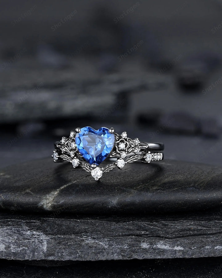 Gothic Heart Shape Blue Sapphire Engagement Ring Set: Dark Black Rhodium Promise Ring, Twig Leaf Wedding Ring, Black Gold Floral Rings - ShainJewelry