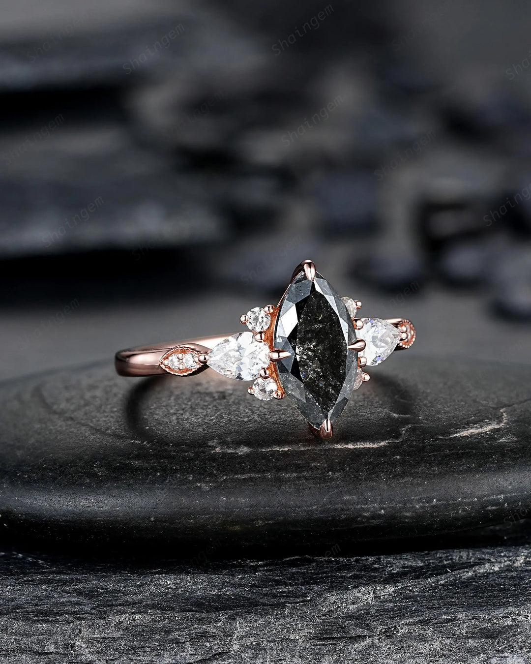 Marquise Salt and Pepper Diamond Engagement Ring, 14K 18K Rose Gold Natural Black Diamond Promise Ring, Platinum Cluster Wedding Ring - ShainJewelry