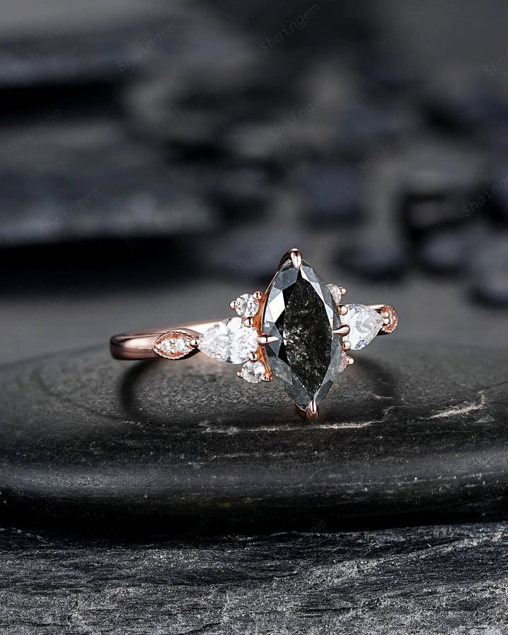 Marquise Salt and Pepper Diamond Engagement Ring, 14K 18K Rose Gold Natural Black Diamond Promise Ring, Platinum Cluster Wedding Ring - ShainJewelry